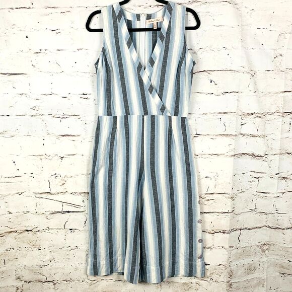 Harlow & Rose Jumpsuit Size L Cropped Wide Leg Blue Gray Stripe Cotton Linen - Picture 1 of 9